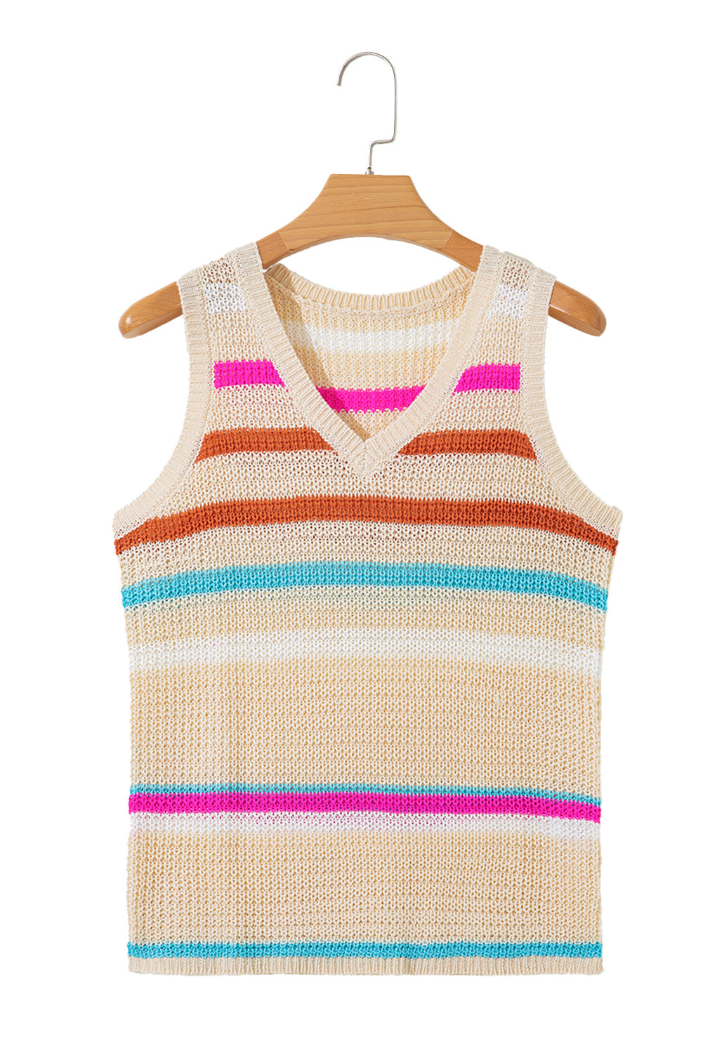Khaki Stripe V Neck Textured Knit Vest