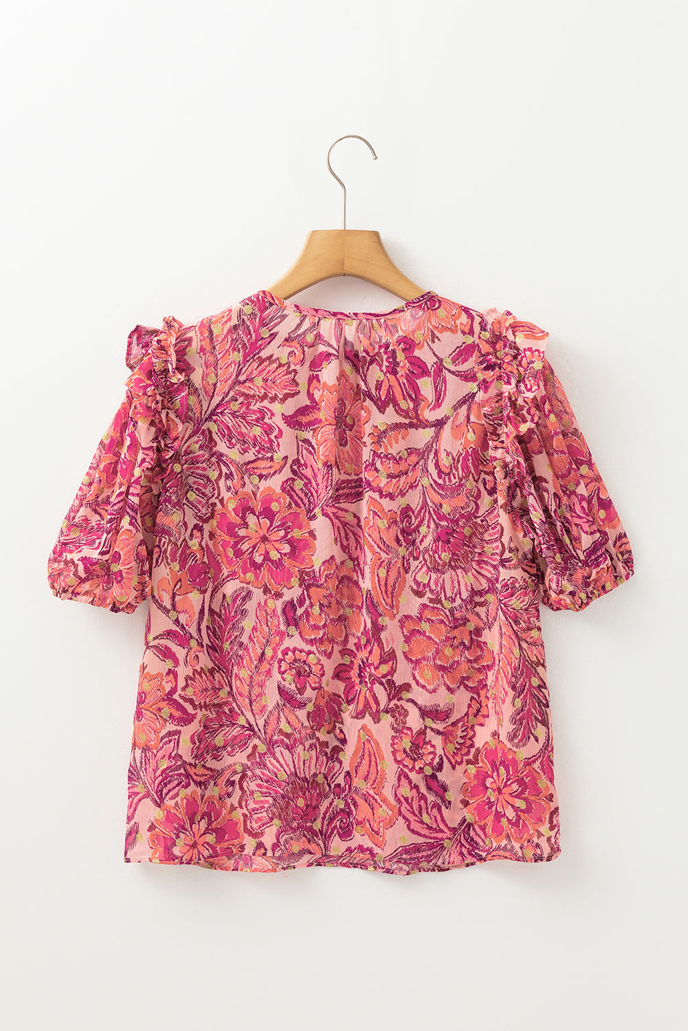 Red Floral Print Ruffle Puff Short Sleeve Blouse