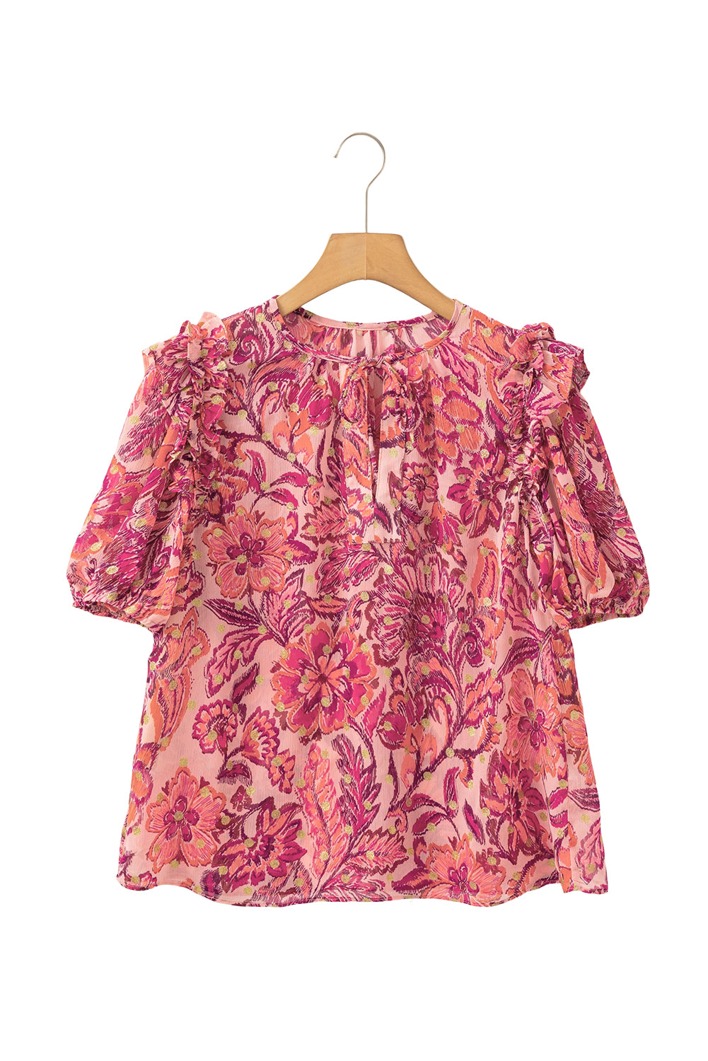 Red Floral Print Ruffle Puff Short Sleeve Blouse