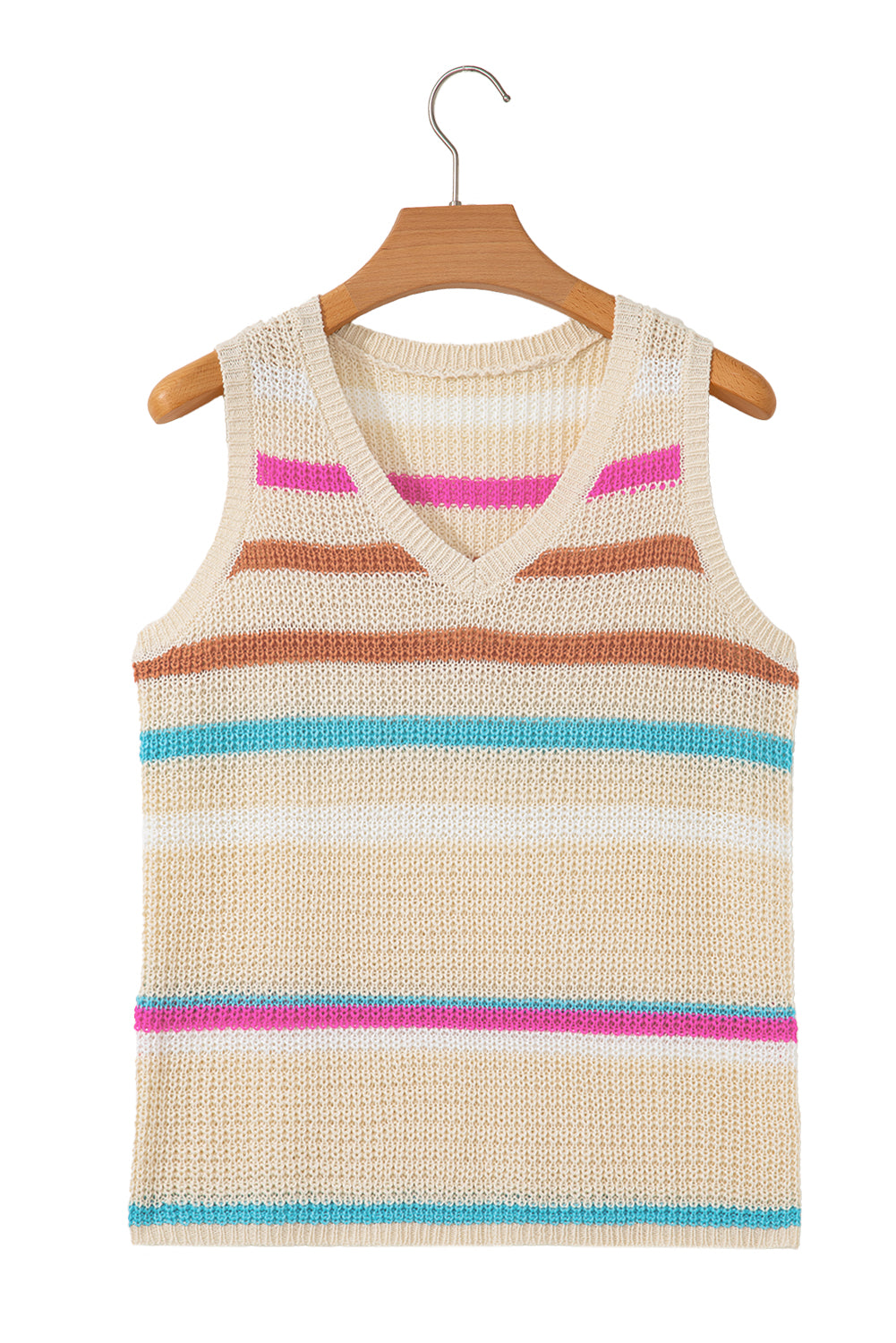 Khaki Stripe V Neck Textured Knit Vest