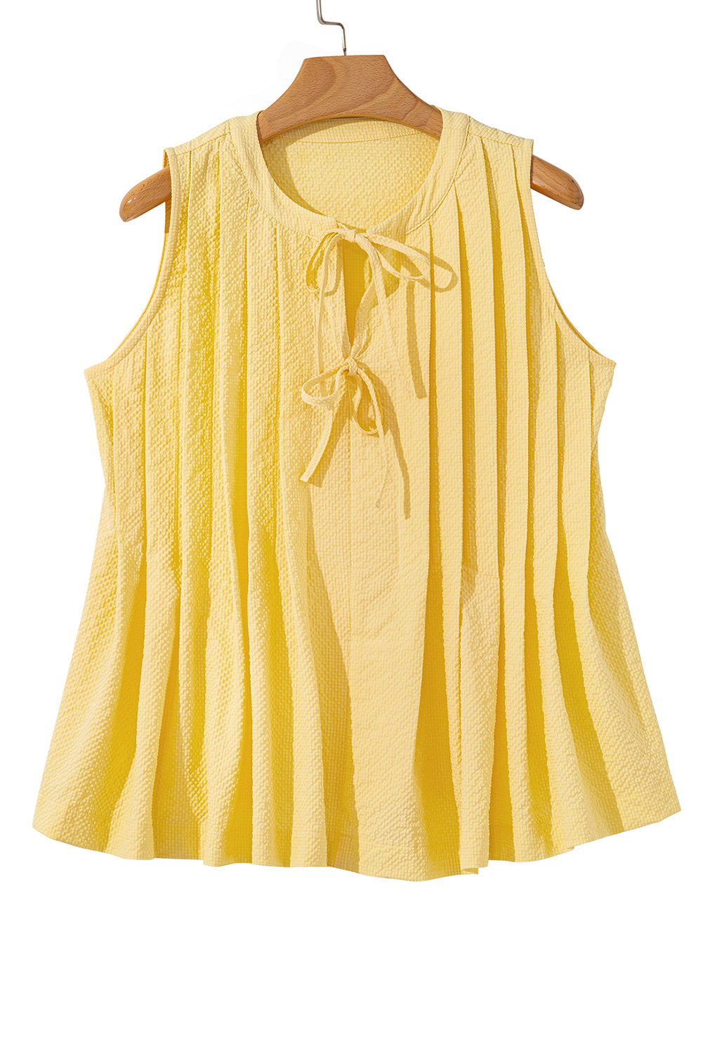 Yellow Cream Bow Tie Notched Neck Pleated Sleeveless Top