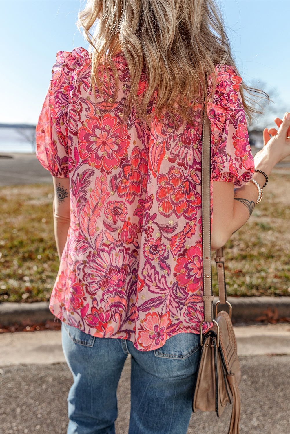 Red Floral Print Ruffle Puff Short Sleeve Blouse