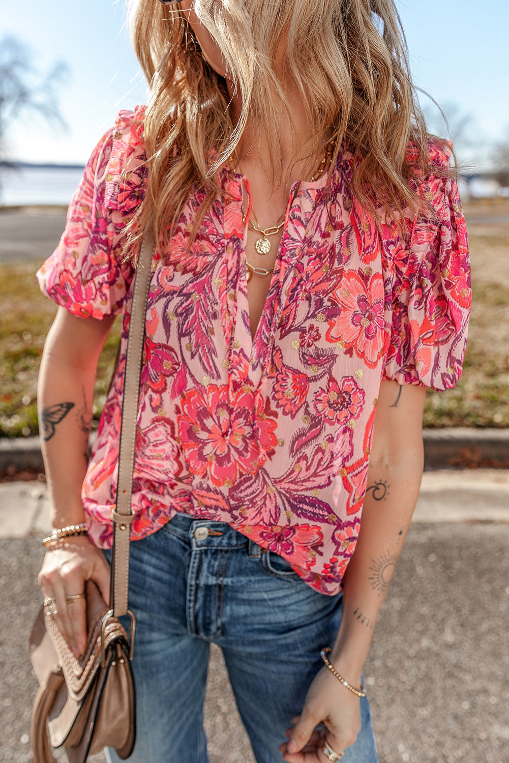 Red Floral Print Ruffle Puff Short Sleeve Blouse