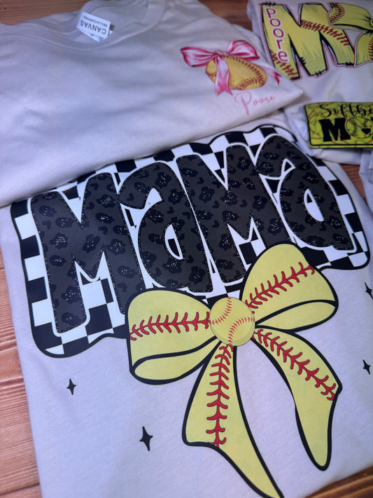 Checked Mama Softball Bow
