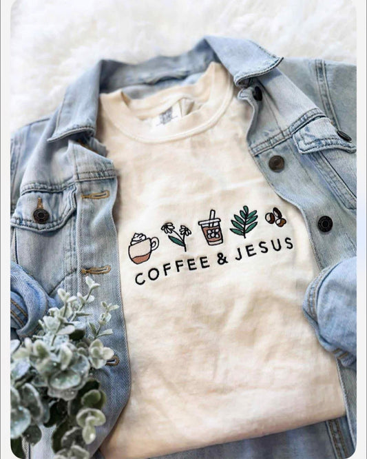 PRE ORDER coffee & Jesus Comfort Colors Tshirt embroidered