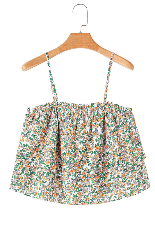White Boho Floral Spaghetti Strap Ruffle Summer Cami Top