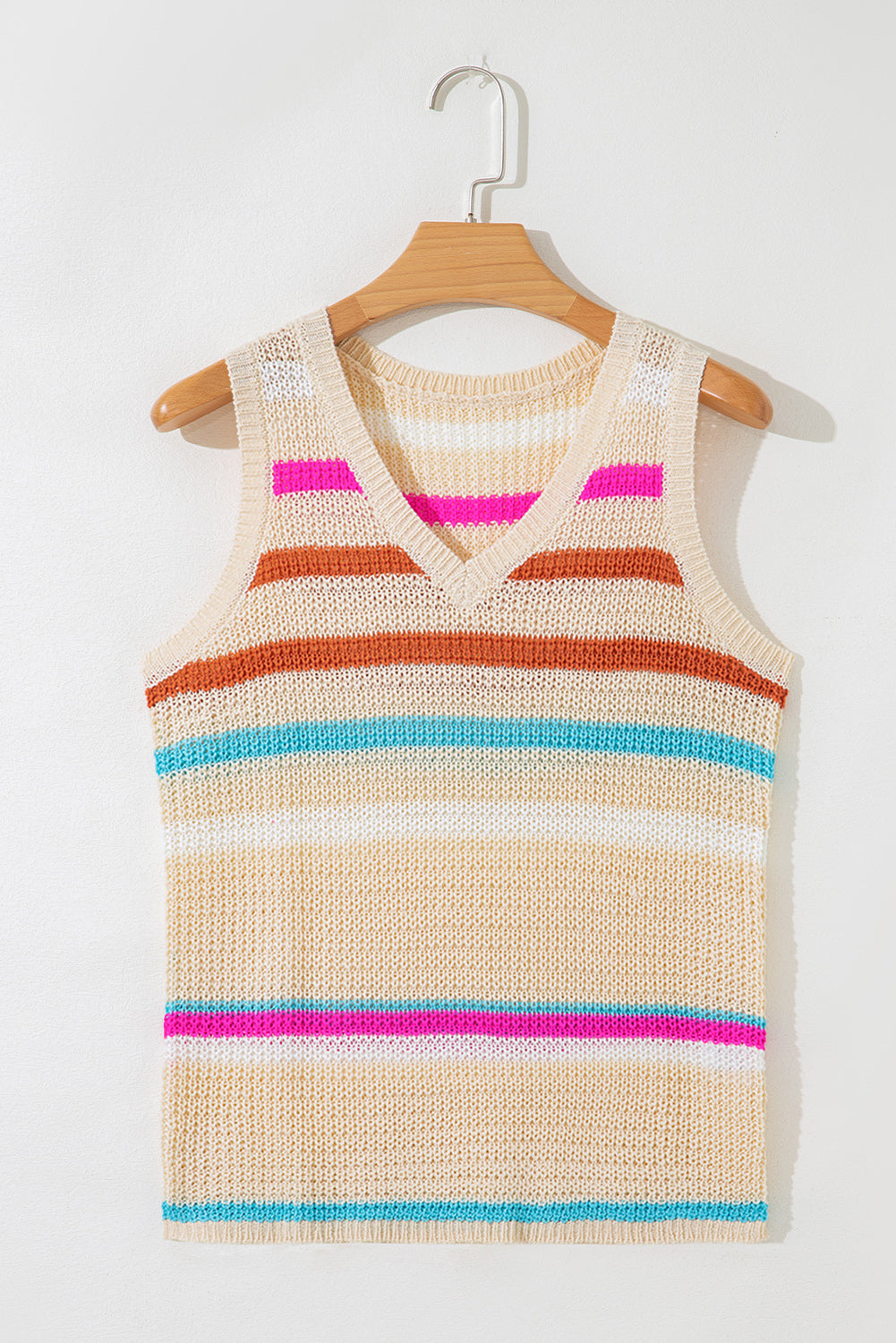 Khaki Stripe V Neck Textured Knit Vest