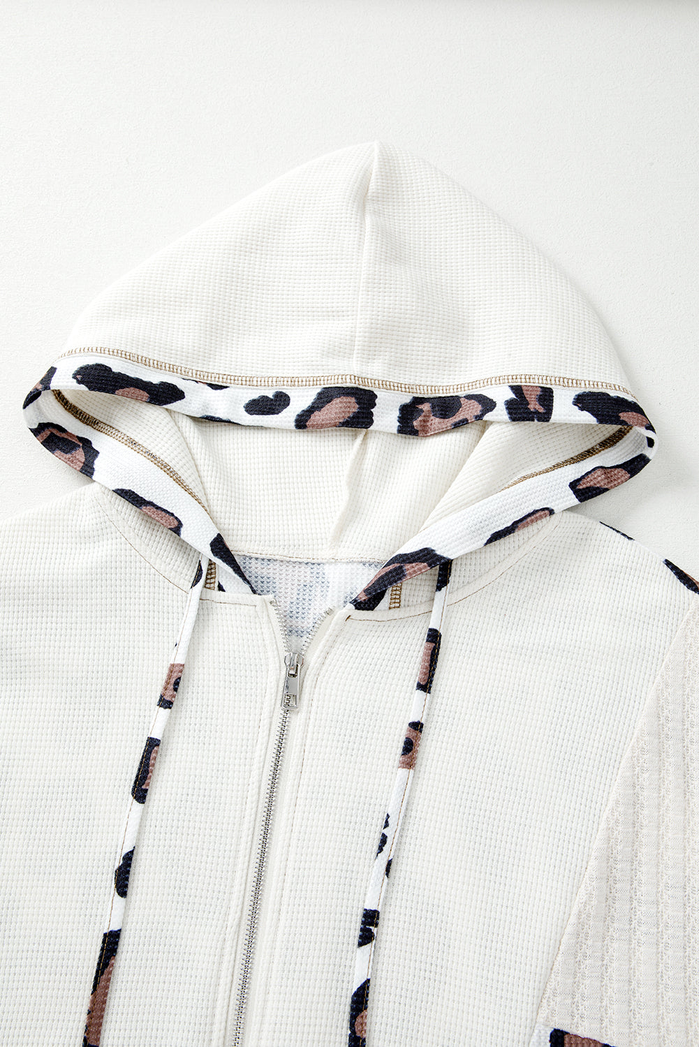 Apricot Leopard Mixed Texture Patchwork Zip Up Drop Shoulder Hoodie